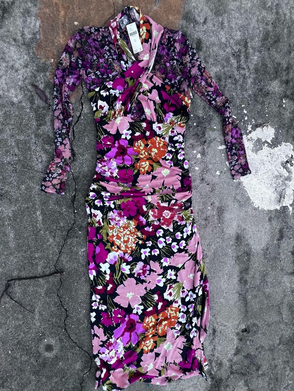 NWT Long Sleeve Mesh Ruched Multicolor Midi Floral Body Con Side slit Dress